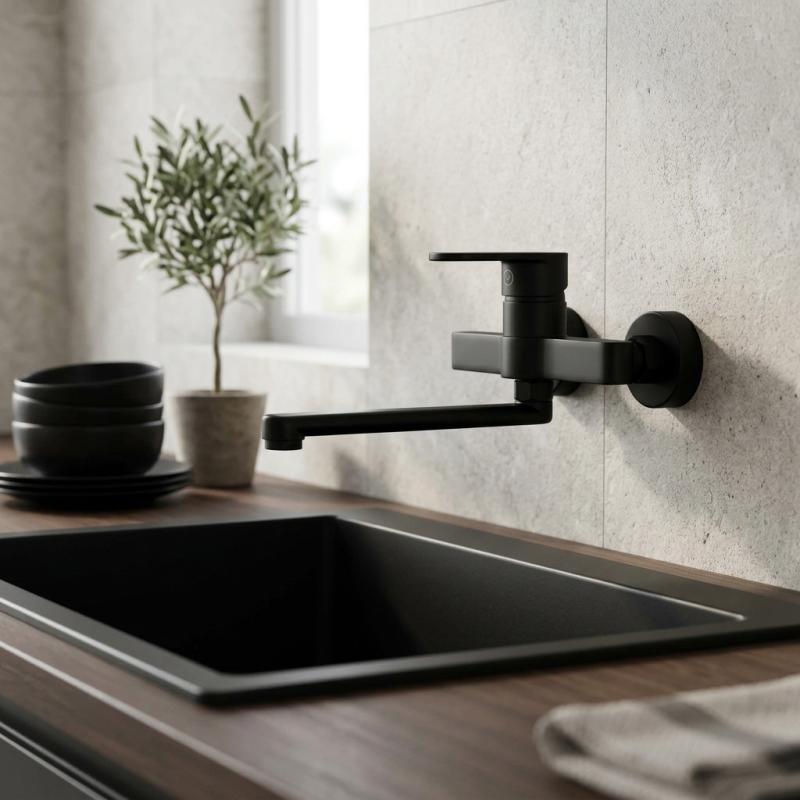 Aquanello Casa Eenhendel Keuken Muurkraan Zwart met uitloop 20 cm BL-1420-CS